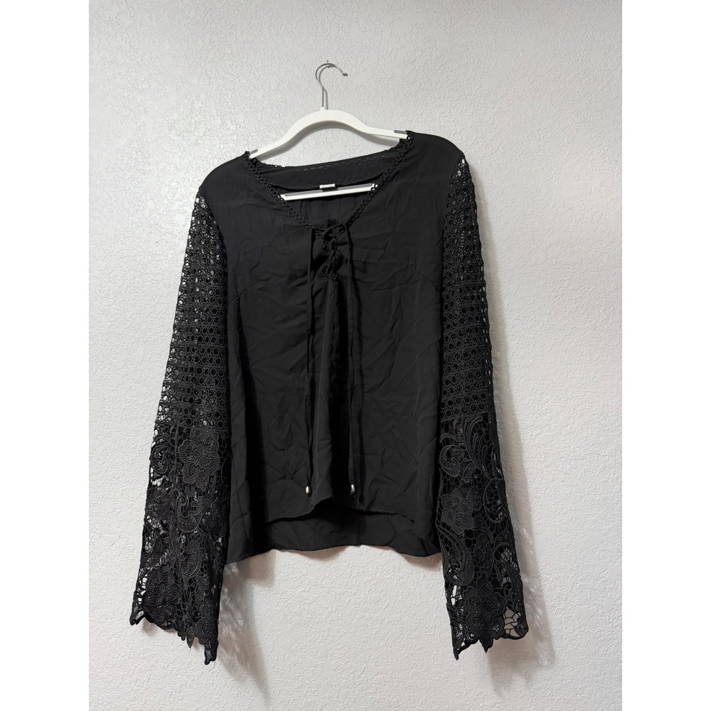 Venus Womens Black Lace Up V-Neck Blouse Crochet Bell Sleeve Top Y66507 Size L - Picture 1 of 9
